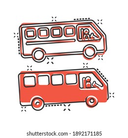 Bus icon in comic style. Coach cartoon vector illustration on white isolated background. Autobus vehicle splash effect business concept.