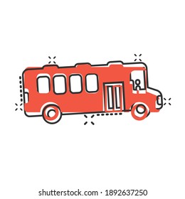 Bus icon in comic style. Coach cartoon vector illustration on white isolated background. Autobus vehicle splash effect business concept.