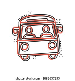 Bus icon in comic style. Coach cartoon vector illustration on white isolated background. Autobus vehicle splash effect business concept.