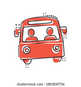 Bus icon in comic style. Coach cartoon vector illustration on white isolated background. Autobus vehicle splash effect business concept.