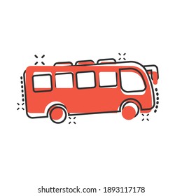 Bus icon in comic style. Coach cartoon vector illustration on white isolated background. Autobus vehicle splash effect business concept.