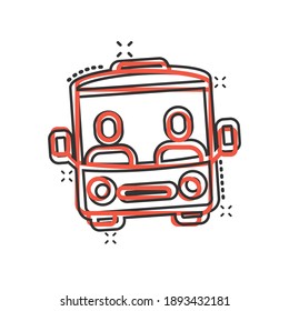 Bus icon in comic style. Coach cartoon vector illustration on white isolated background. Autobus vehicle splash effect business concept.