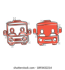 Bus icon in comic style. Coach cartoon vector illustration on white isolated background. Autobus vehicle splash effect business concept.