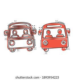 Bus icon in comic style. Coach cartoon vector illustration on white isolated background. Autobus vehicle splash effect business concept.