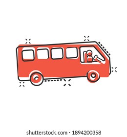 Bus icon in comic style. Coach cartoon vector illustration on white isolated background. Autobus vehicle splash effect business concept.