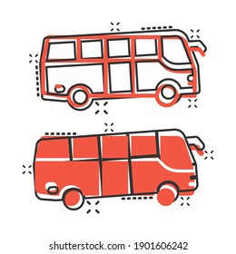 Bus icon in comic style. Coach cartoon vector illustration on white isolated background. Autobus vehicle splash effect business concept.