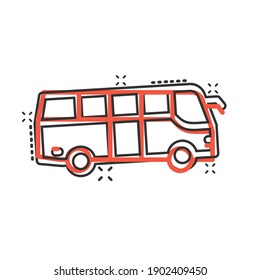 Bus icon in comic style. Coach cartoon vector illustration on white isolated background. Autobus vehicle splash effect business concept.