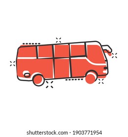 Bus icon in comic style. Coach cartoon vector illustration on white isolated background. Autobus vehicle splash effect business concept.