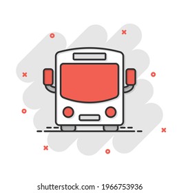 Bus icon in comic style. Coach car cartoon vector illustration on white isolated background. Autobus splash effect business concept.