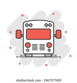 Bus icon in comic style. Coach car cartoon vector illustration on white isolated background. Autobus splash effect business concept.