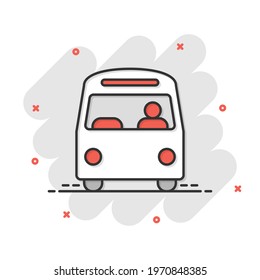 Bus icon in comic style. Coach cartoon vector illustration on white isolated background. Autobus vehicle splash effect business concept.