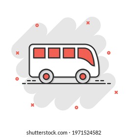 Bus icon in comic style. Coach cartoon vector illustration on white isolated background. Autobus vehicle splash effect business concept.