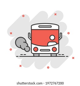 Bus icon in comic style. Coach cartoon vector illustration on white isolated background. Autobus vehicle splash effect business concept.