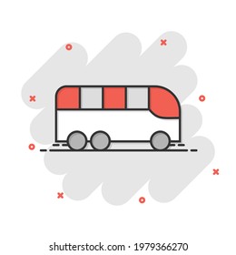 Bus icon in comic style. Coach cartoon vector illustration on white isolated background. Autobus vehicle splash effect business concept.