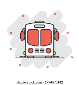 Bus icon in comic style. Coach car cartoon vector illustration on white isolated background. Autobus splash effect business concept.