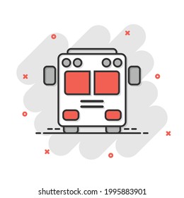 Bus icon in comic style. Coach car cartoon vector illustration on white isolated background. Autobus splash effect business concept.