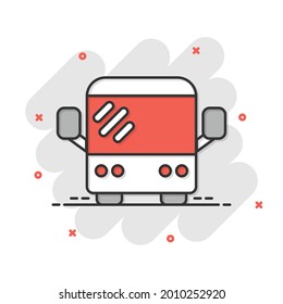 Bus icon in comic style. Coach cartoon vector illustration on white isolated background. Autobus vehicle splash effect business concept.