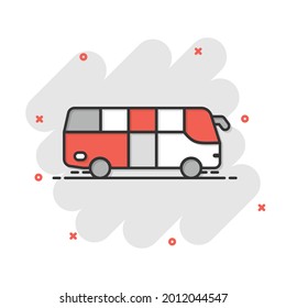 Bus icon in comic style. Coach cartoon vector illustration on white isolated background. Autobus vehicle splash effect business concept.