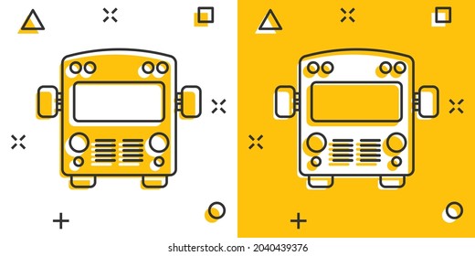 Bus icon in comic style. Coach car cartoon vector illustration on white isolated background. Autobus splash effect business concept.