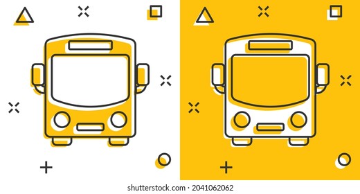 Bus icon in comic style. Coach car cartoon vector illustration on white isolated background. Autobus splash effect business concept.