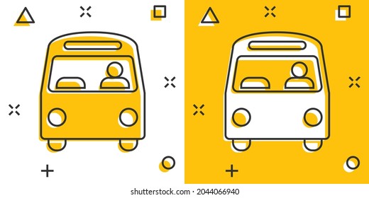 Bus icon in comic style. Coach cartoon vector illustration on white isolated background. Autobus vehicle splash effect business concept.