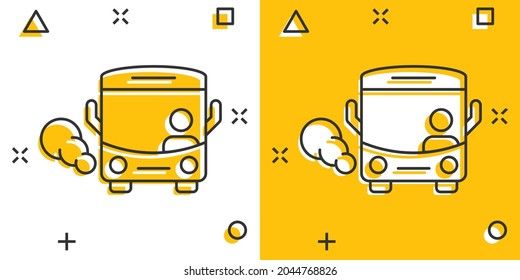 Bus icon in comic style. Coach cartoon vector illustration on white isolated background. Autobus vehicle splash effect business concept.