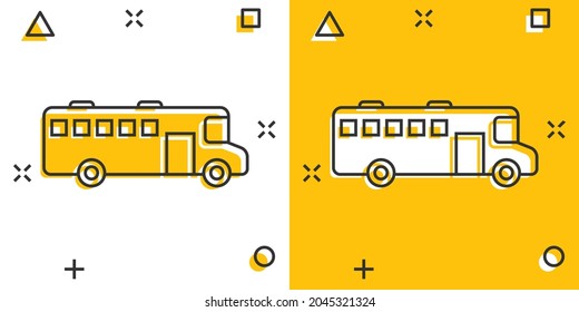 Bus icon in comic style. Coach cartoon vector illustration on white isolated background. Autobus vehicle splash effect business concept.