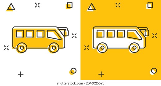 Bus icon in comic style. Coach cartoon vector illustration on white isolated background. Autobus vehicle splash effect business concept.