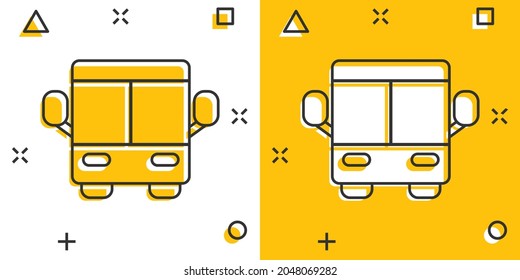 Bus icon in comic style. Coach cartoon vector illustration on white isolated background. Autobus vehicle splash effect business concept.