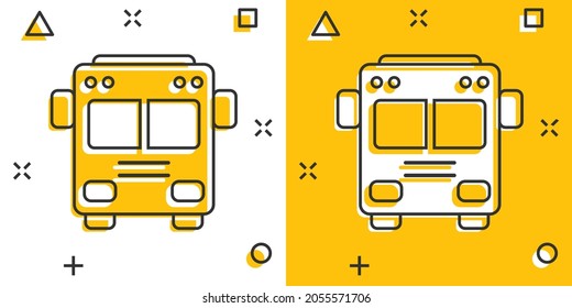 Bus icon in comic style. Coach car cartoon vector illustration on white isolated background. Autobus splash effect business concept.