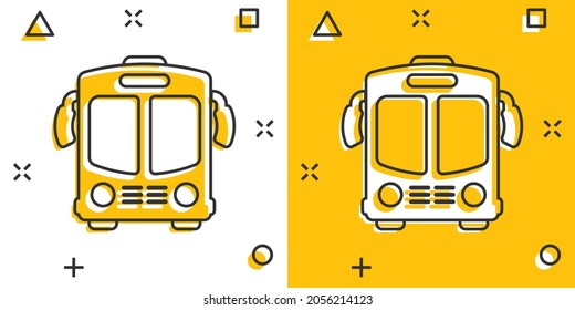 Bus icon in comic style. Coach car cartoon vector illustration on white isolated background. Autobus splash effect business concept.