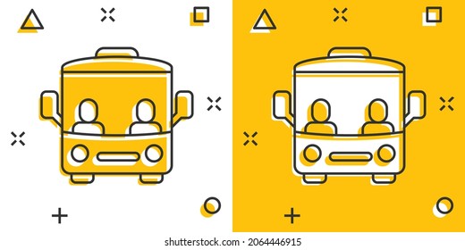 Bus icon in comic style. Coach cartoon vector illustration on white isolated background. Autobus vehicle splash effect business concept.