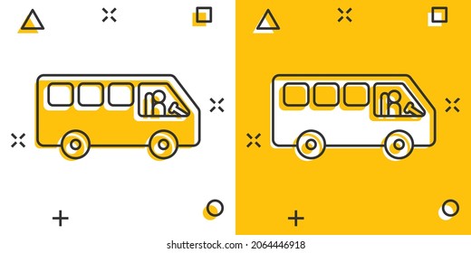 Bus icon in comic style. Coach cartoon vector illustration on white isolated background. Autobus vehicle splash effect business concept.