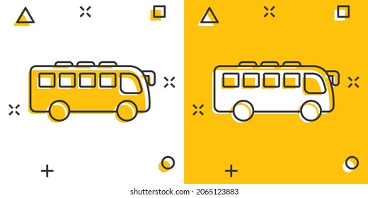 Bus icon in comic style. Coach cartoon vector illustration on white isolated background. Autobus vehicle splash effect business concept.