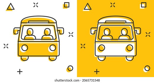 Bus icon in comic style. Coach cartoon vector illustration on white isolated background. Autobus vehicle splash effect business concept.