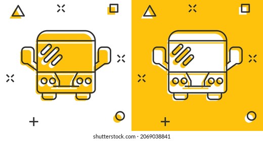 Bus icon in comic style. Coach cartoon vector illustration on white isolated background. Autobus vehicle splash effect business concept.