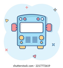 Bus icon in comic style. Coach car cartoon vector illustration on white isolated background. Autobus splash effect business concept.