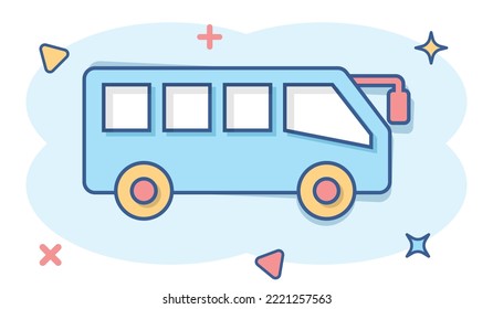 Bus icon in comic style. Coach cartoon vector illustration on white isolated background. Autobus vehicle splash effect business concept.