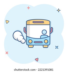 Bus icon in comic style. Coach cartoon vector illustration on white isolated background. Autobus vehicle splash effect business concept.