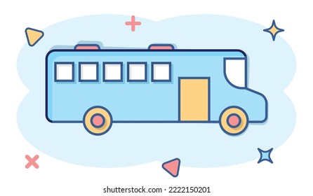 Bus icon in comic style. Coach cartoon vector illustration on white isolated background. Autobus vehicle splash effect business concept.