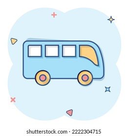 Bus icon in comic style. Coach cartoon vector illustration on white isolated background. Autobus vehicle splash effect business concept.