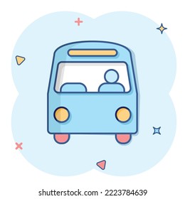 Bus icon in comic style. Coach cartoon vector illustration on white isolated background. Autobus vehicle splash effect business concept.