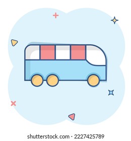 Bus icon in comic style. Coach cartoon vector illustration on white isolated background. Autobus vehicle splash effect business concept.