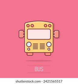 Bus icon in comic style. Coach car cartoon vector illustration on white isolated background. Autobus splash effect business concept.