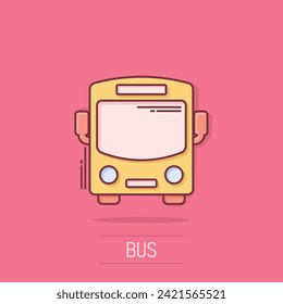 Bus icon in comic style. Coach car cartoon vector illustration on white isolated background. Autobus splash effect business concept.