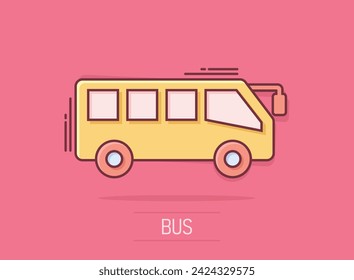 Bus icon in comic style. Coach cartoon vector illustration on isolated background. Autobus vehicle splash effect business concept.