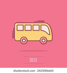 Bus icon in comic style. Coach cartoon vector illustration on isolated background. Autobus vehicle splash effect business concept.