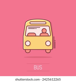 Bus icon in comic style. Coach cartoon vector illustration on isolated background. Autobus vehicle splash effect business concept.