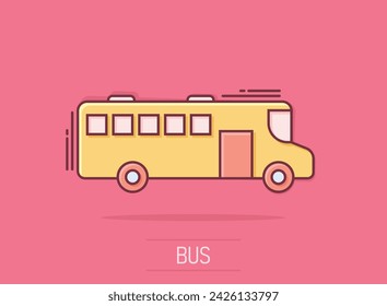 Bus icon in comic style. Coach cartoon vector illustration on isolated background. Autobus vehicle splash effect business concept.