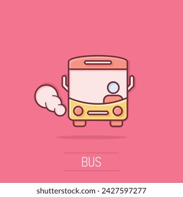 Bus icon in comic style. Coach cartoon vector illustration on isolated background. Autobus vehicle splash effect business concept.